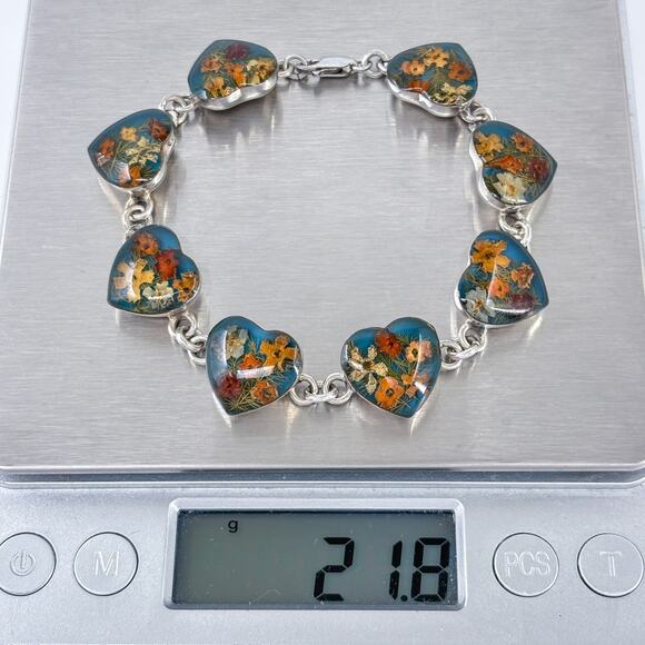 Estate Mexico Dried Flower Resin Heart Bracelet Sterling Silver 925 | 7.25" - Picture 8 of 8